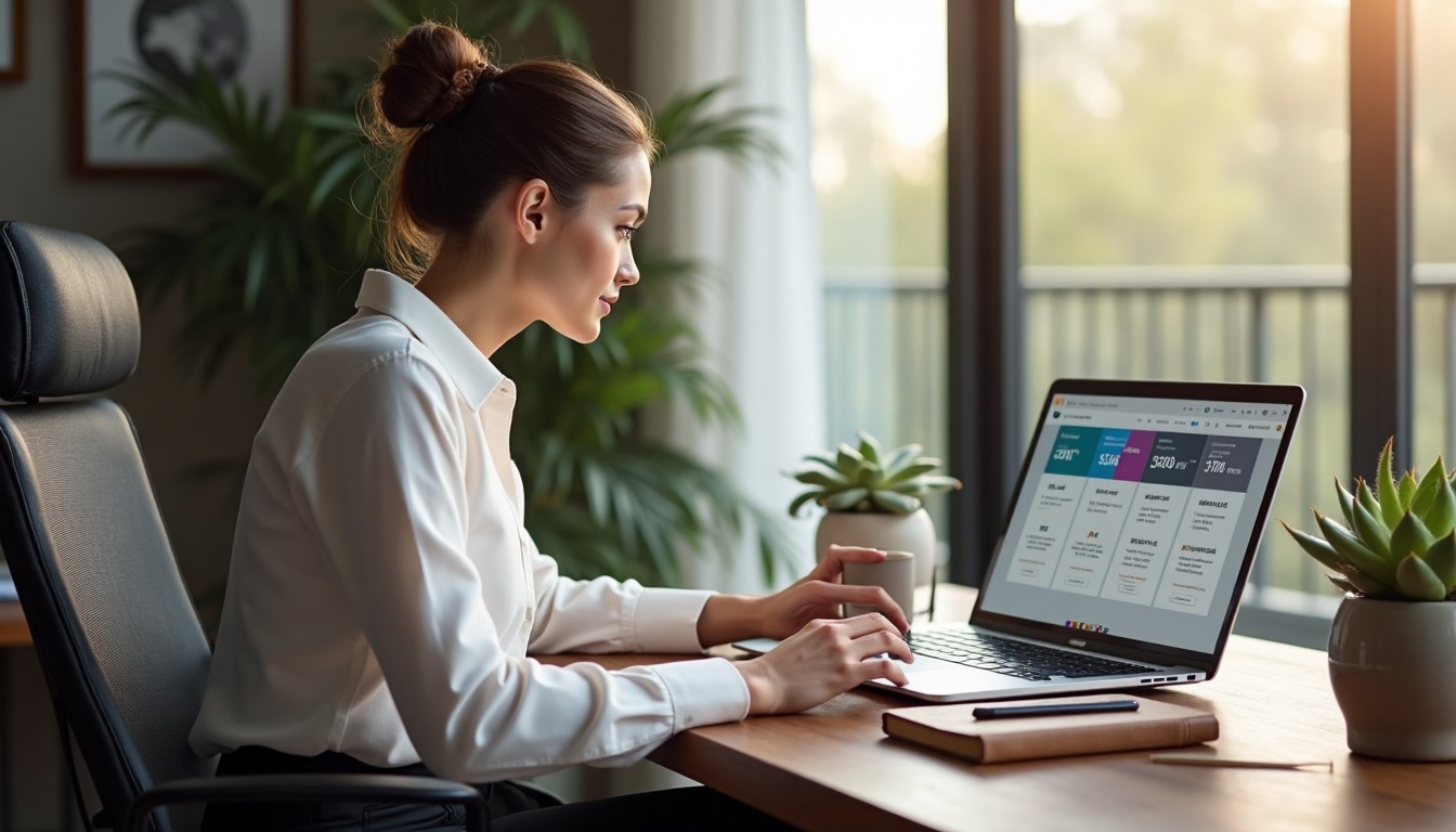 A small business owner reviewing website package options on a laptop with checklists and pricing cards on screen.