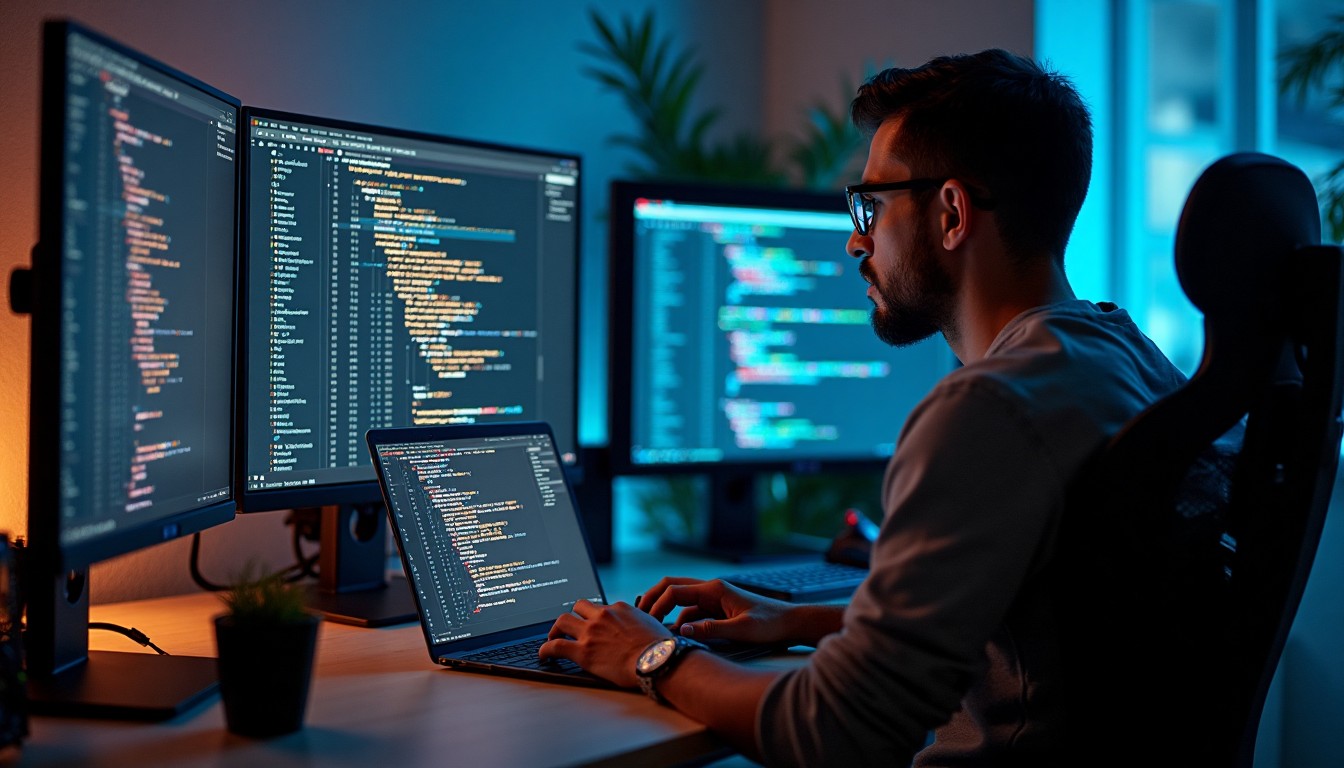 Developer coding a modular PHP and Bootstrap website on a laptop with multiple screens showing responsive layouts and code snippets.
