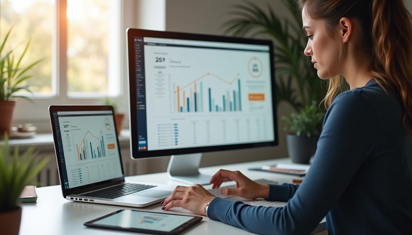 A designer testing website performance on a laptop while reviewing visual layouts on a tablet, symbolizing balance between speed and design.