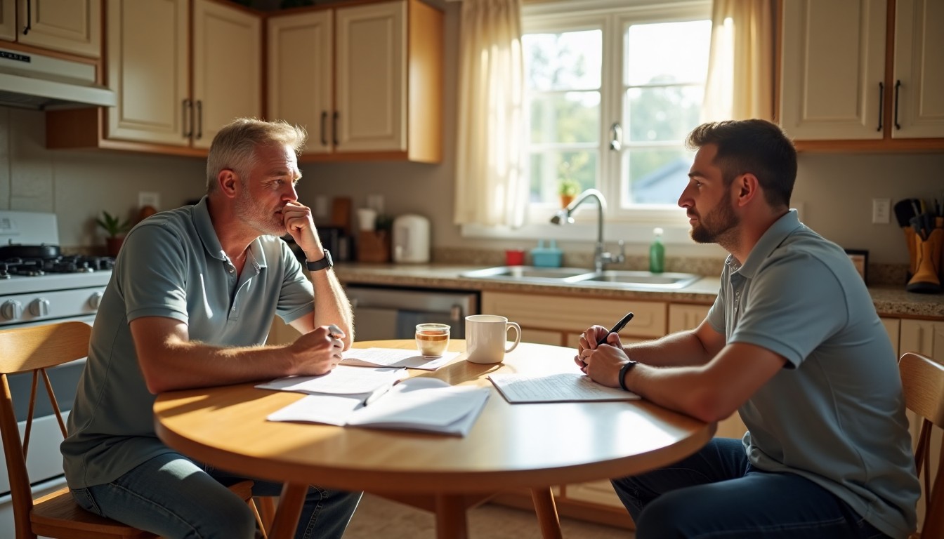 Homeowner reviewing financing options with a contractor at a kitchen table.