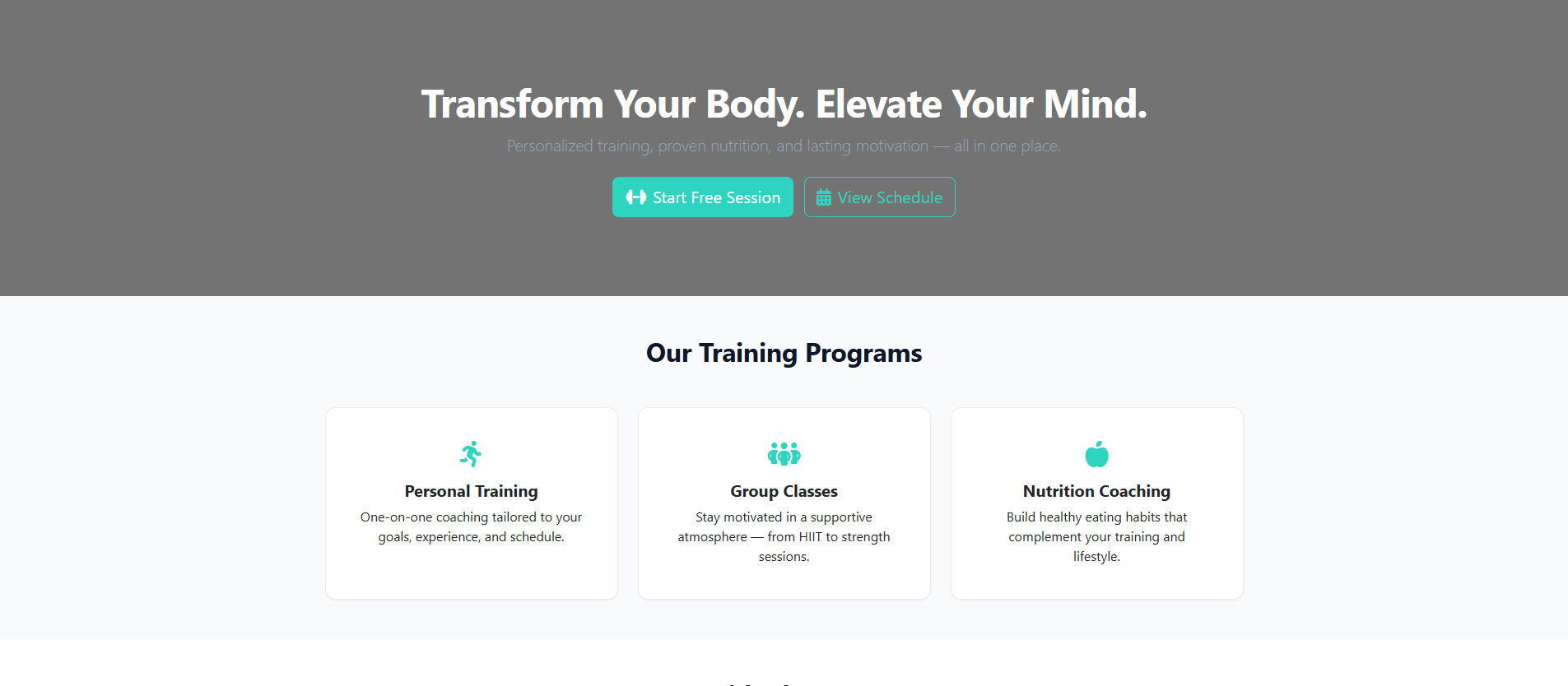 Energetic fitness trainer website demo with motivational imagery and bold typography.