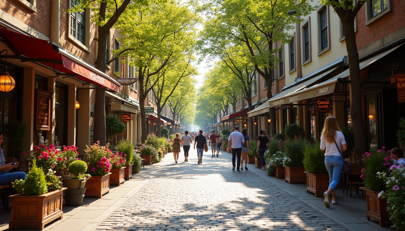 Walkable downtown streetscape with cafes and trees.