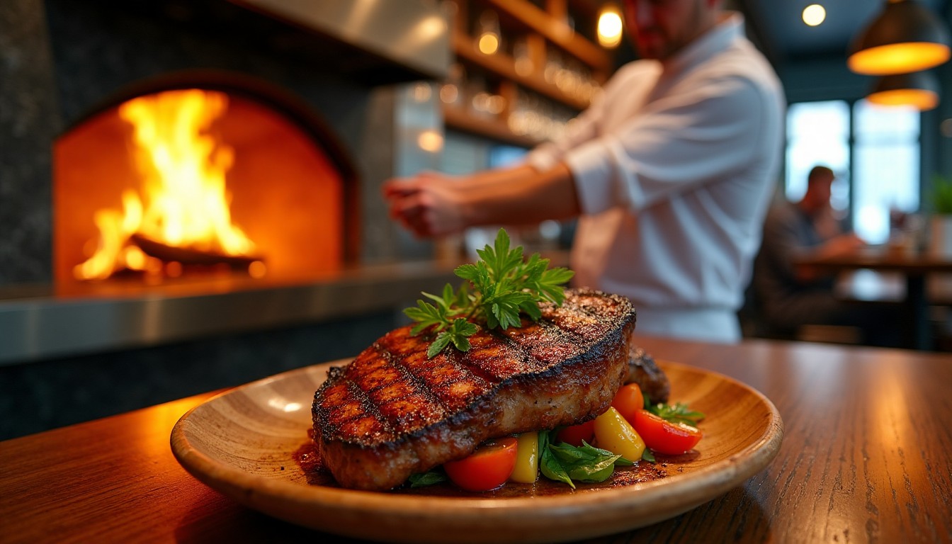Chef plating a wood-fired dish in an open kitchen.